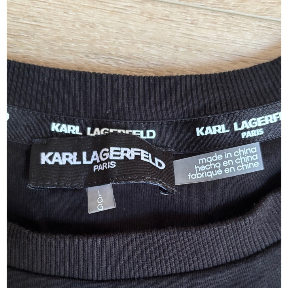 Karl Lagerfeld Paris Womens Black Mixed Media Tweed Sweatshirt Metallic Logo L - Picture 6 of 9